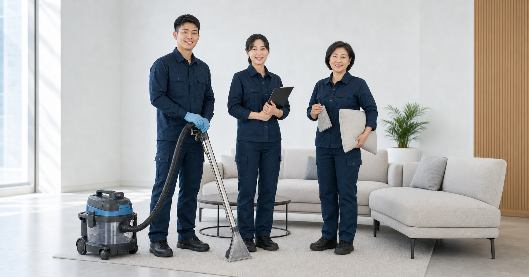 클린파트너스 직원들이 패브릭 세척 장비를 들고 촬영한 프로필 사진